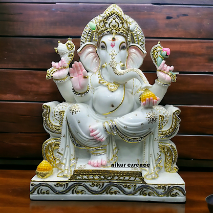 Big Ganesha Seated on Singhasan Marble idol - 30 inches