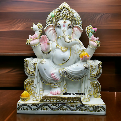 Big Ganesha Seated on Singhasan Marble idol - 30 inches