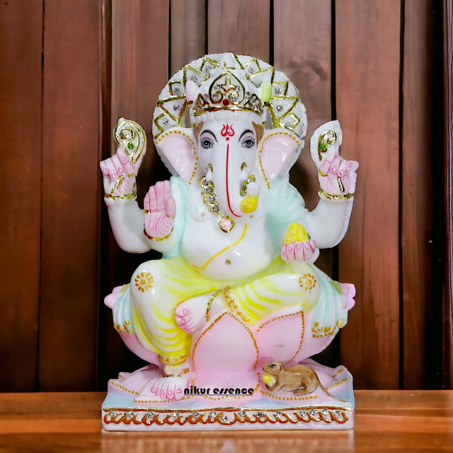 Ganesha Ganpati sitting on Lotus Marble idol - 9 inches