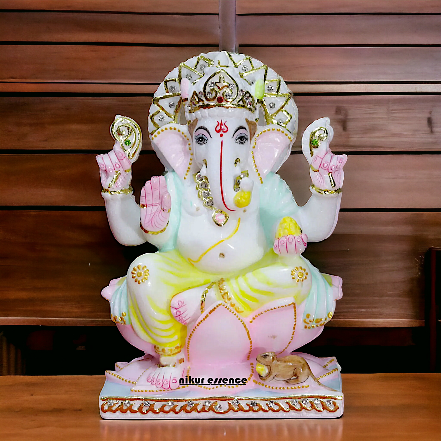 Ganesha Ganpati sitting on Lotus Marble idol - 9 inches