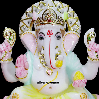 Ganesha Ganpati sitting on Lotus Marble idol - 9 inches