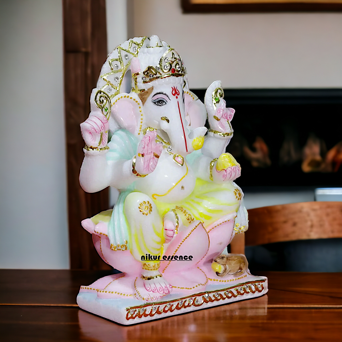 Ganesha Ganpati sitting on Lotus Marble idol - 9 inches