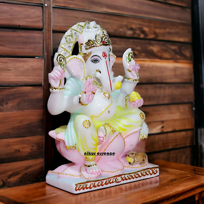 Ganesha Ganpati sitting on Lotus Marble idol - 9 inches