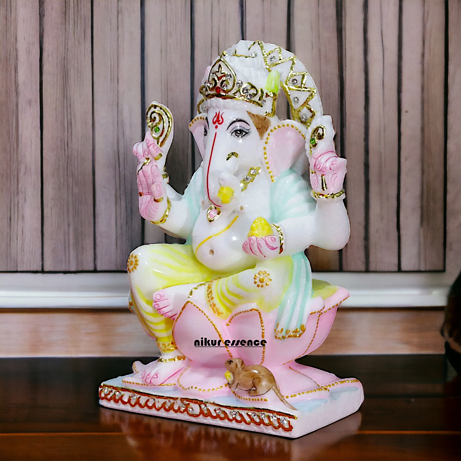 Ganesha Ganpati sitting on Lotus Marble idol - 9 inches