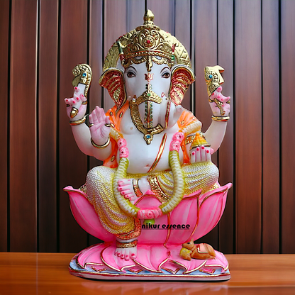 Big Ganesha Ganpati Seated on Lotus Marble statue - 18 inches