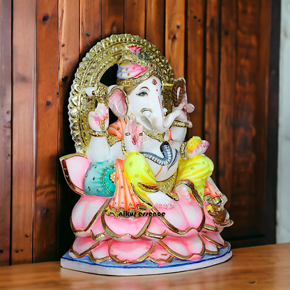 Big Vinayaka Seated on Lotus Marble statue - 15 inches