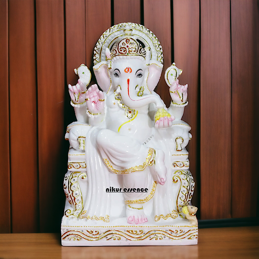 Ganesha Seated on Singhasan Marble statue - 18 inches