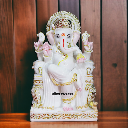 Ganesha Seated on Singhasan Marble statue - 18 inches