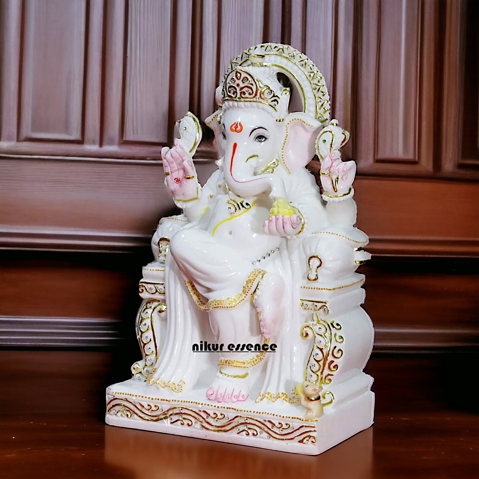 Ganesha Seated on Singhasan Marble statue - 18 inches