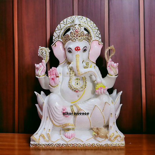 Vinayaka Ganpati Seated on Lotus Marble statue - 18 inches