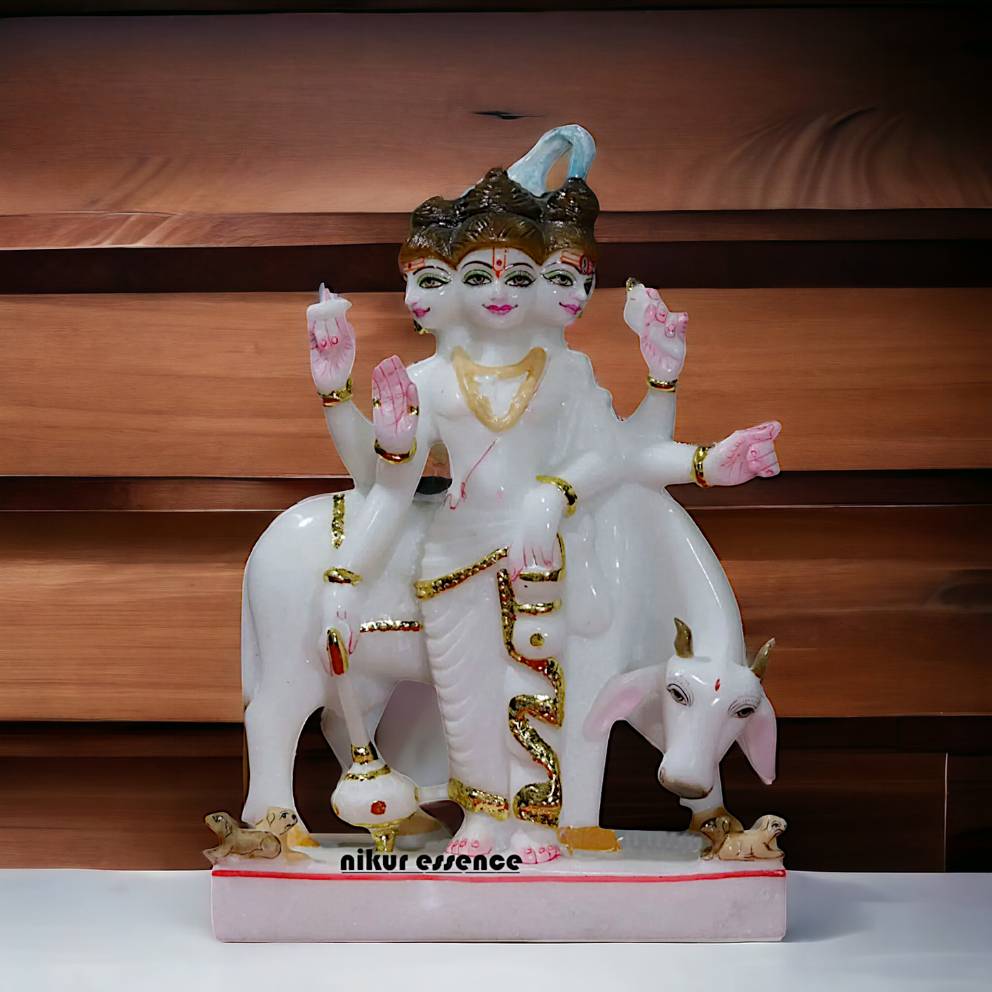 Marble Dattatreya with kamadhenu Cow idol - 12 inches