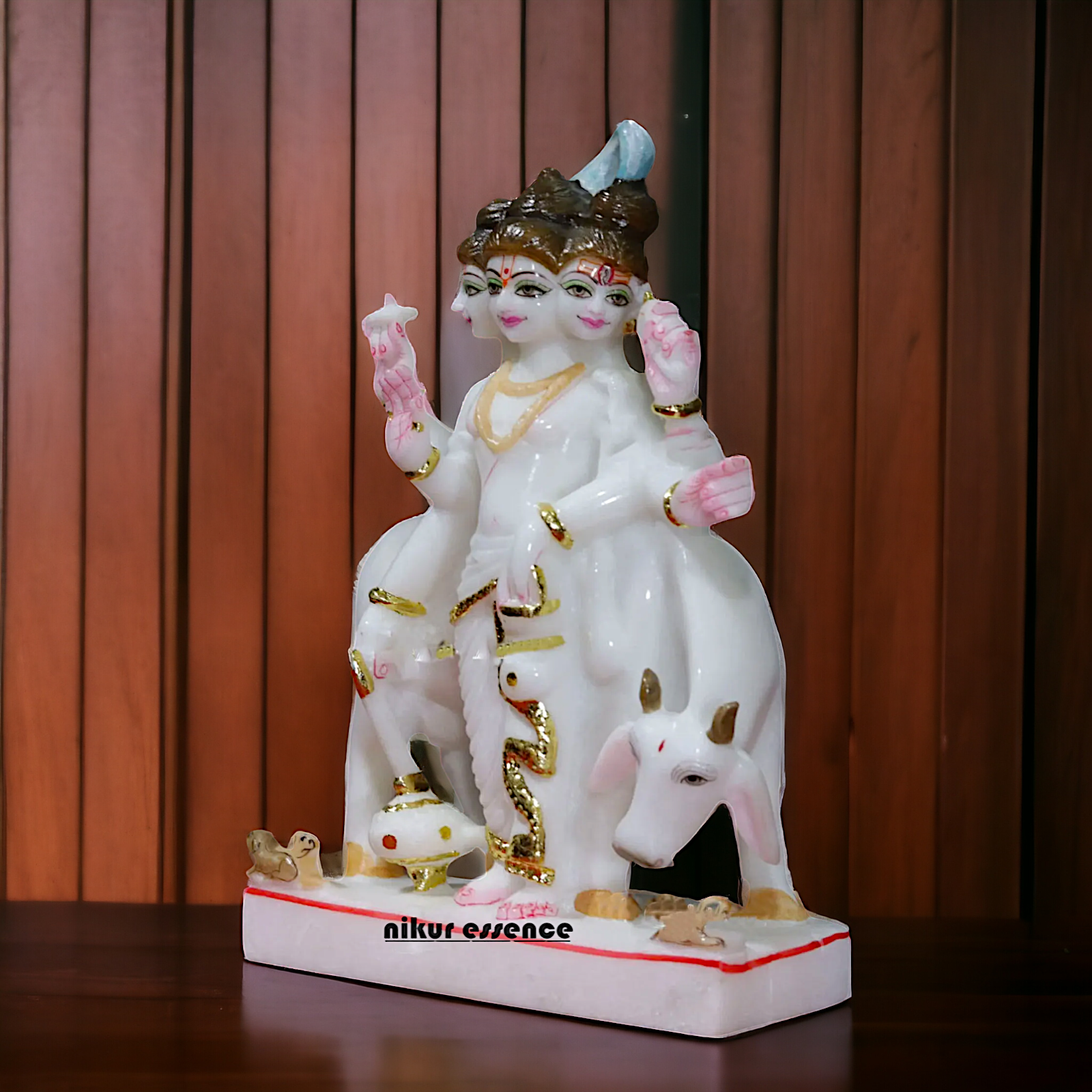 Marble Dattatreya with kamadhenu Cow idol - 12 inches