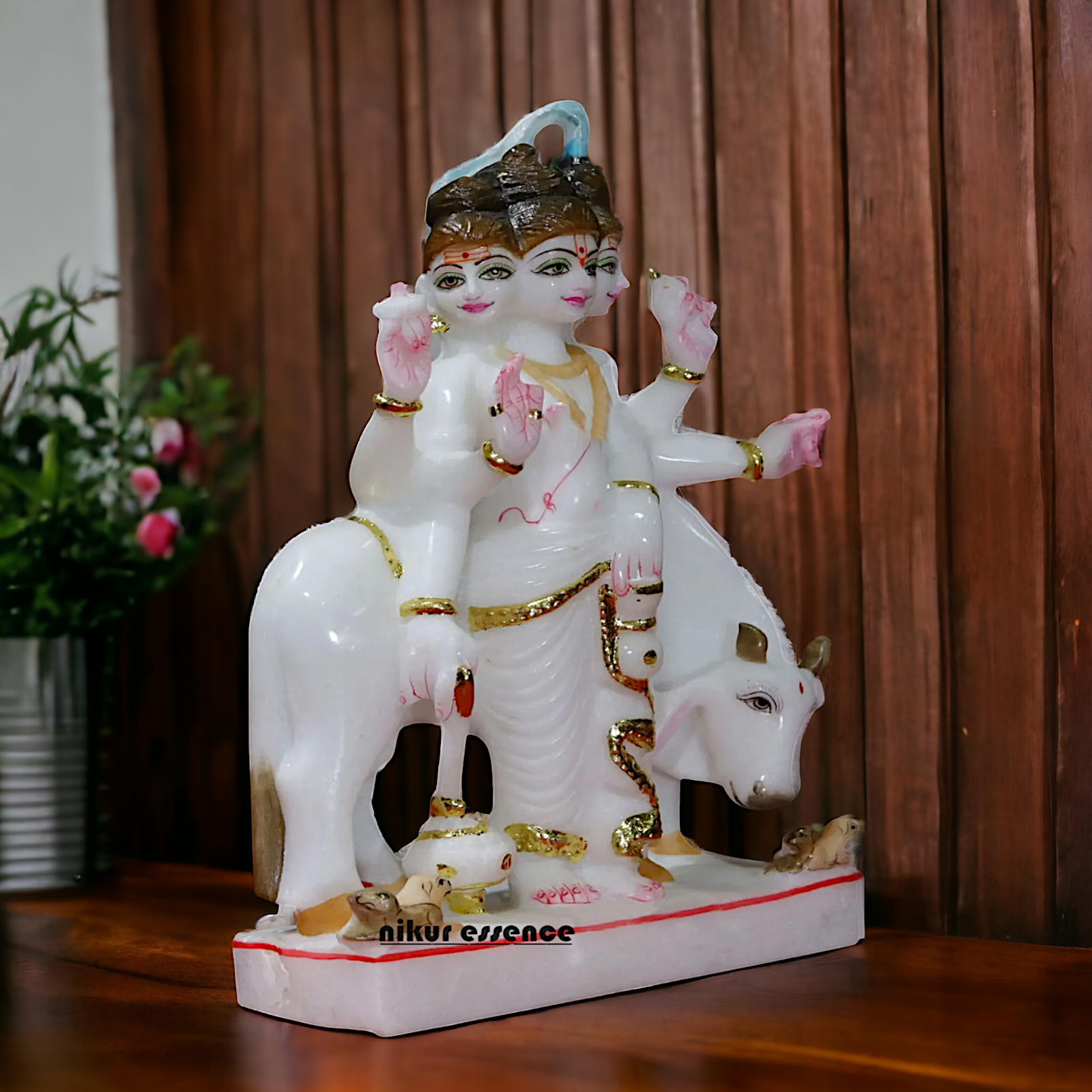 Marble Dattatreya with kamadhenu Cow idol - 12 inches