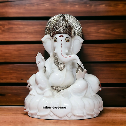 Pure marble Ganesha Sitting on Lotus statue - 12 inches