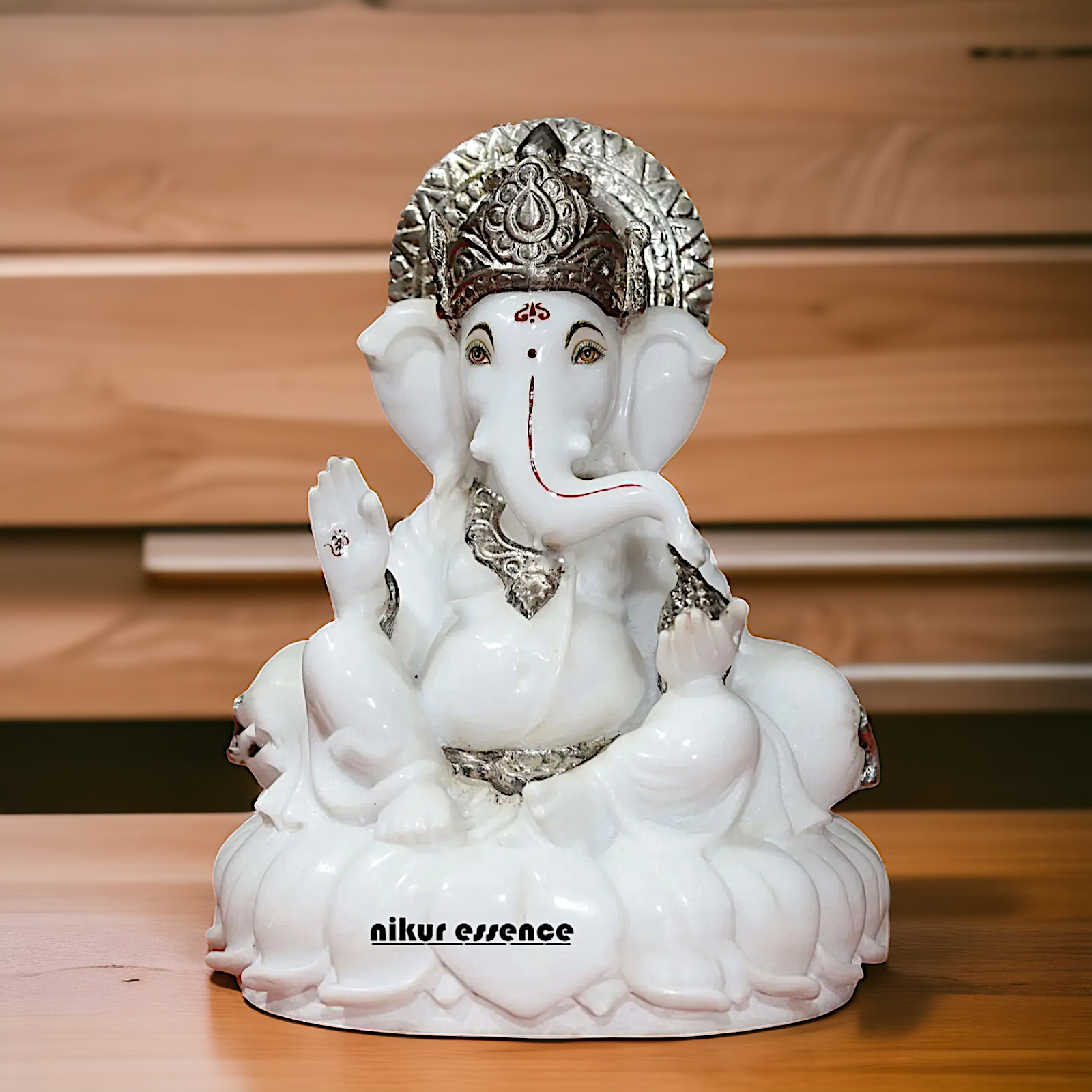 Pure marble Ganesha Sitting on Lotus statue - 12 inches