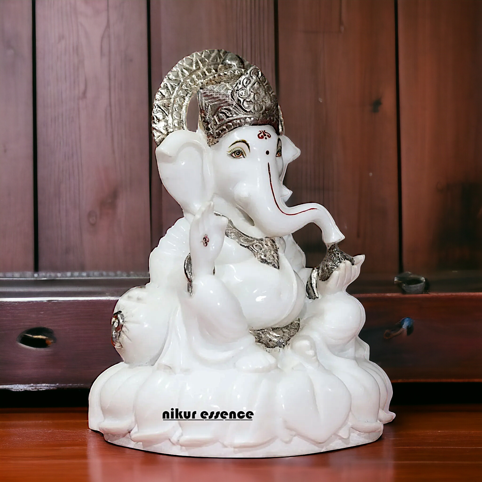 Pure marble Ganesha Sitting on Lotus statue - 12 inches