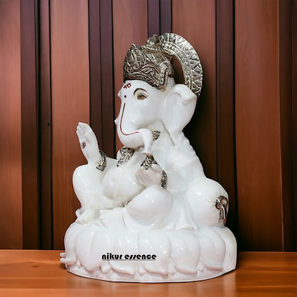 Pure marble Ganesha Sitting on Lotus statue - 12 inches