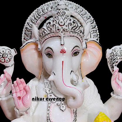 Marble Ganesha Sitting on Singhasan statue - 18 inches