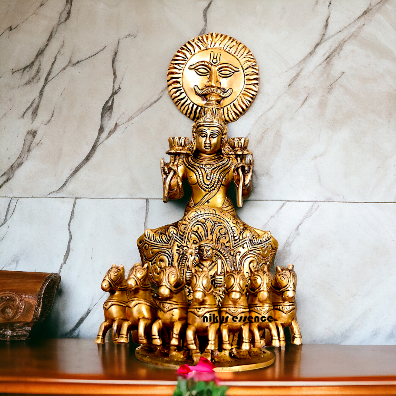 Antique Brass Surya Rath statue - 12 inches – Nikur Essence