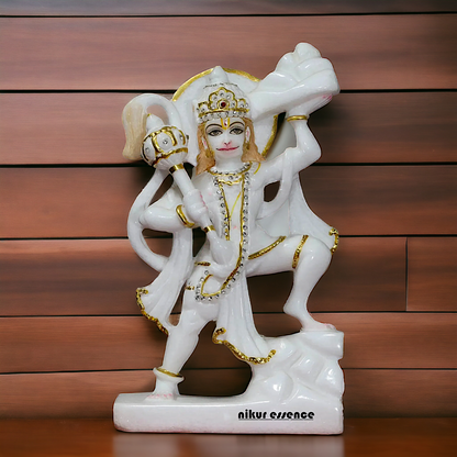 Hanuman Holding mountain with Gada Marble statue - 12 inches