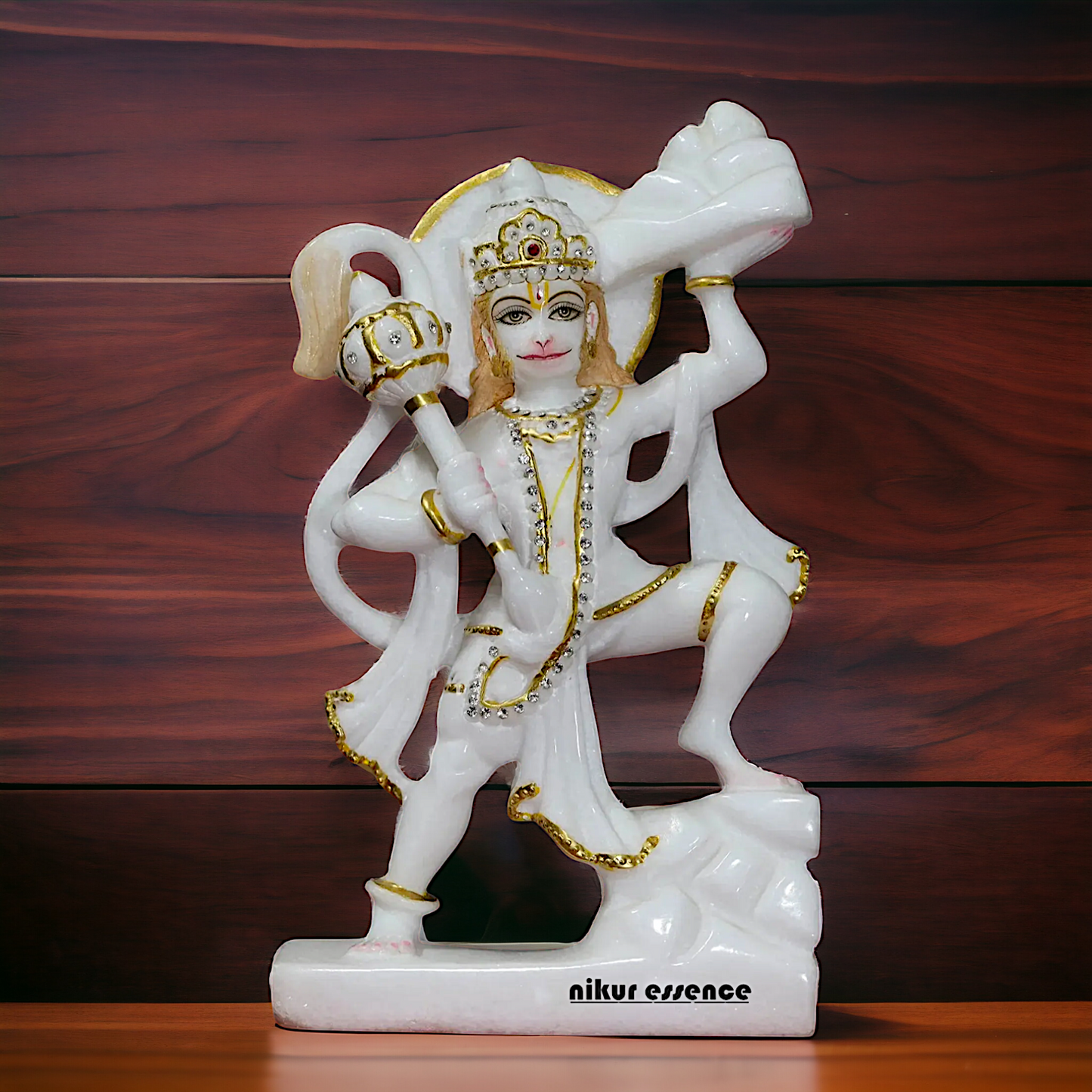 Hanuman Holding mountain with Gada Marble statue - 12 inches