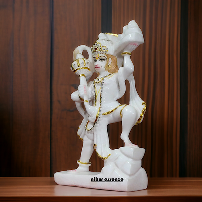 Hanuman Holding mountain with Gada Marble statue - 12 inches