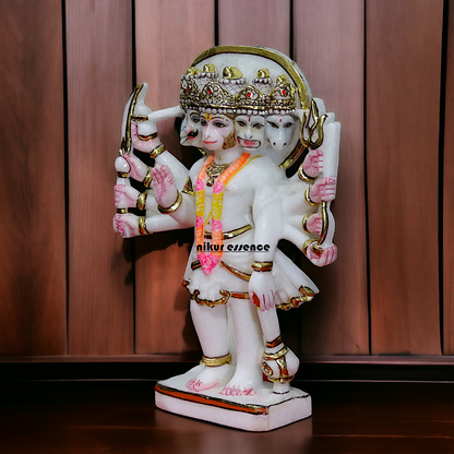 Marble Panchmukhi Hanuman Standing with Gada statue - 12 inches