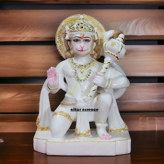 Marble Hanuman Bajrangbali Blessing with Gada idol - 12 inches