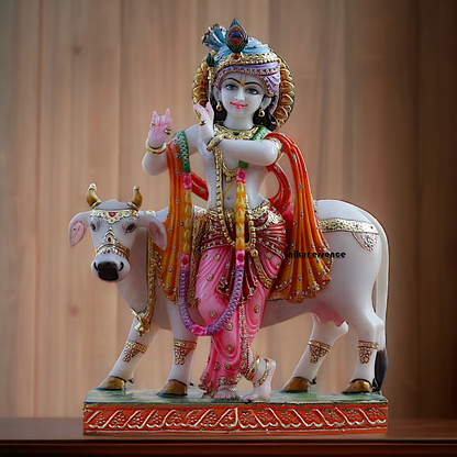 krishna Standing Playing Flute with cow Marble idol - 24 inches