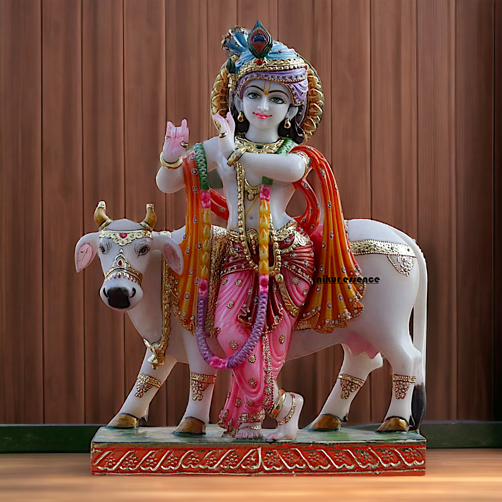 krishna Standing Playing Flute with cow Marble idol - 24 inches