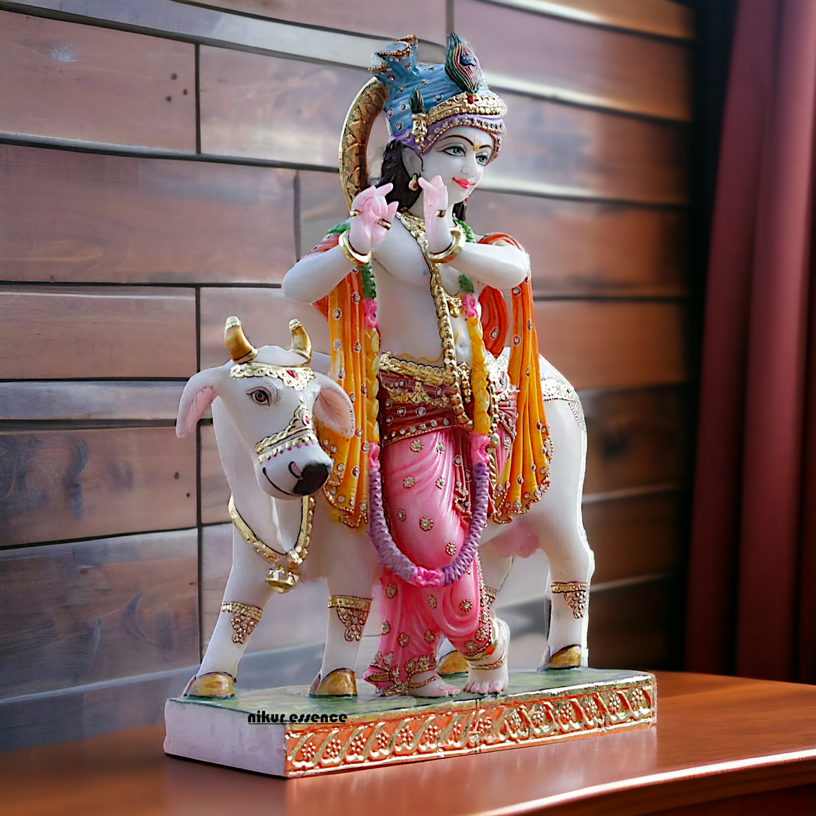 krishna Standing Playing Flute with cow Marble idol - 24 inches