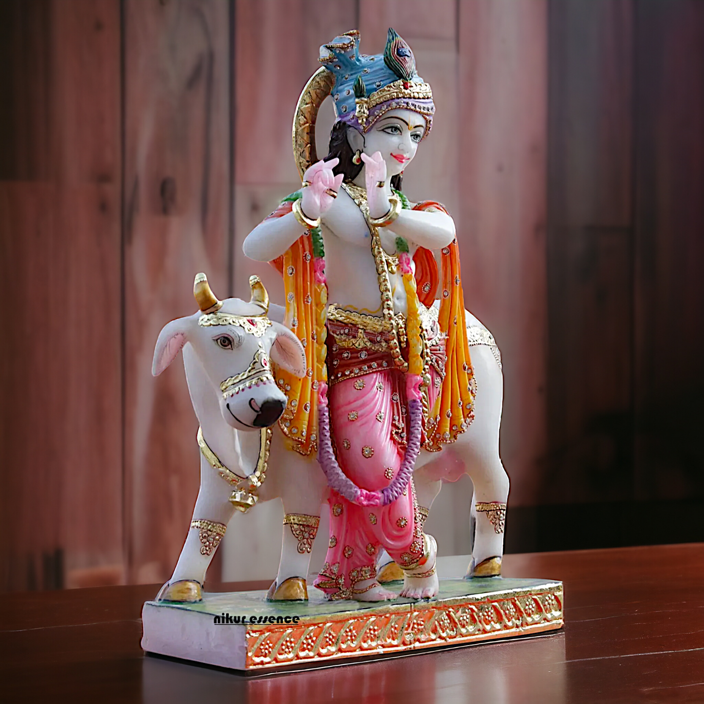 krishna Standing Playing Flute with cow Marble idol - 24 inches