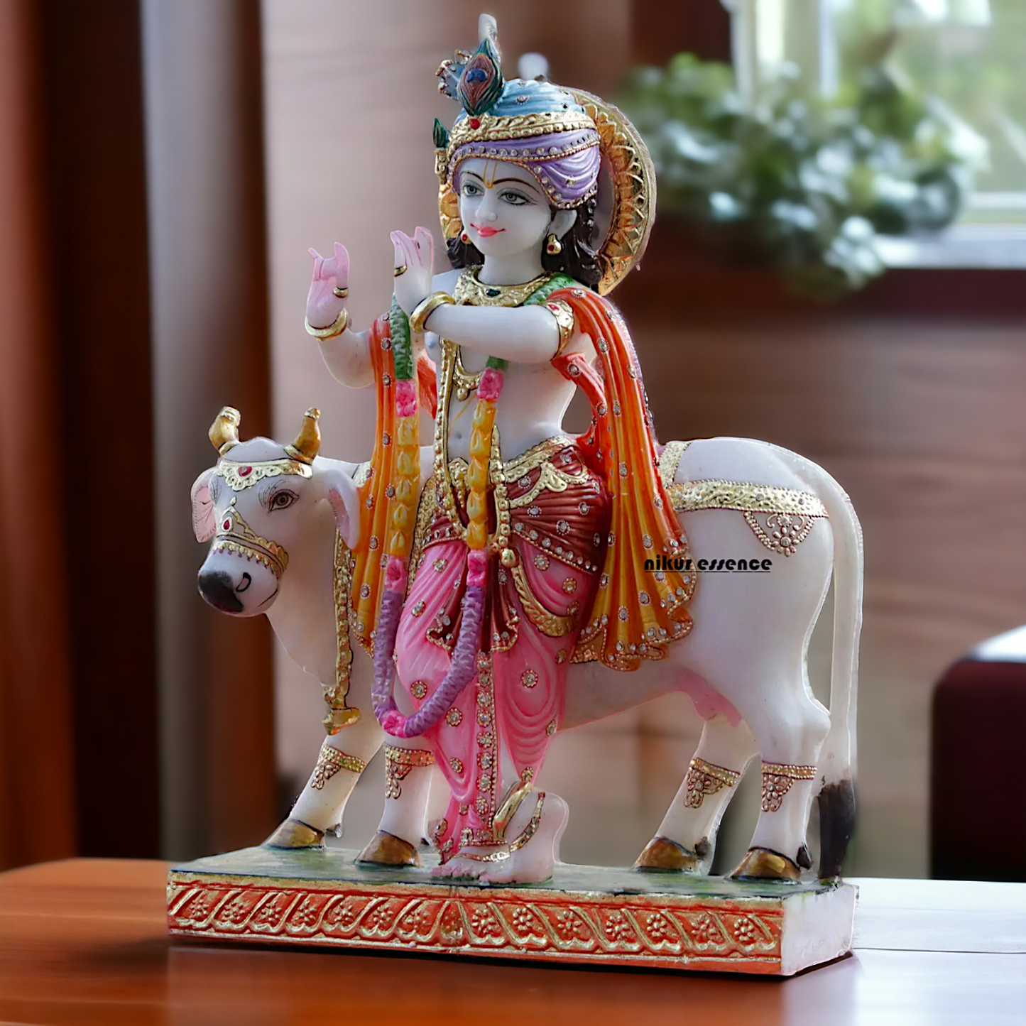 krishna Standing Playing Flute with cow Marble idol - 24 inches