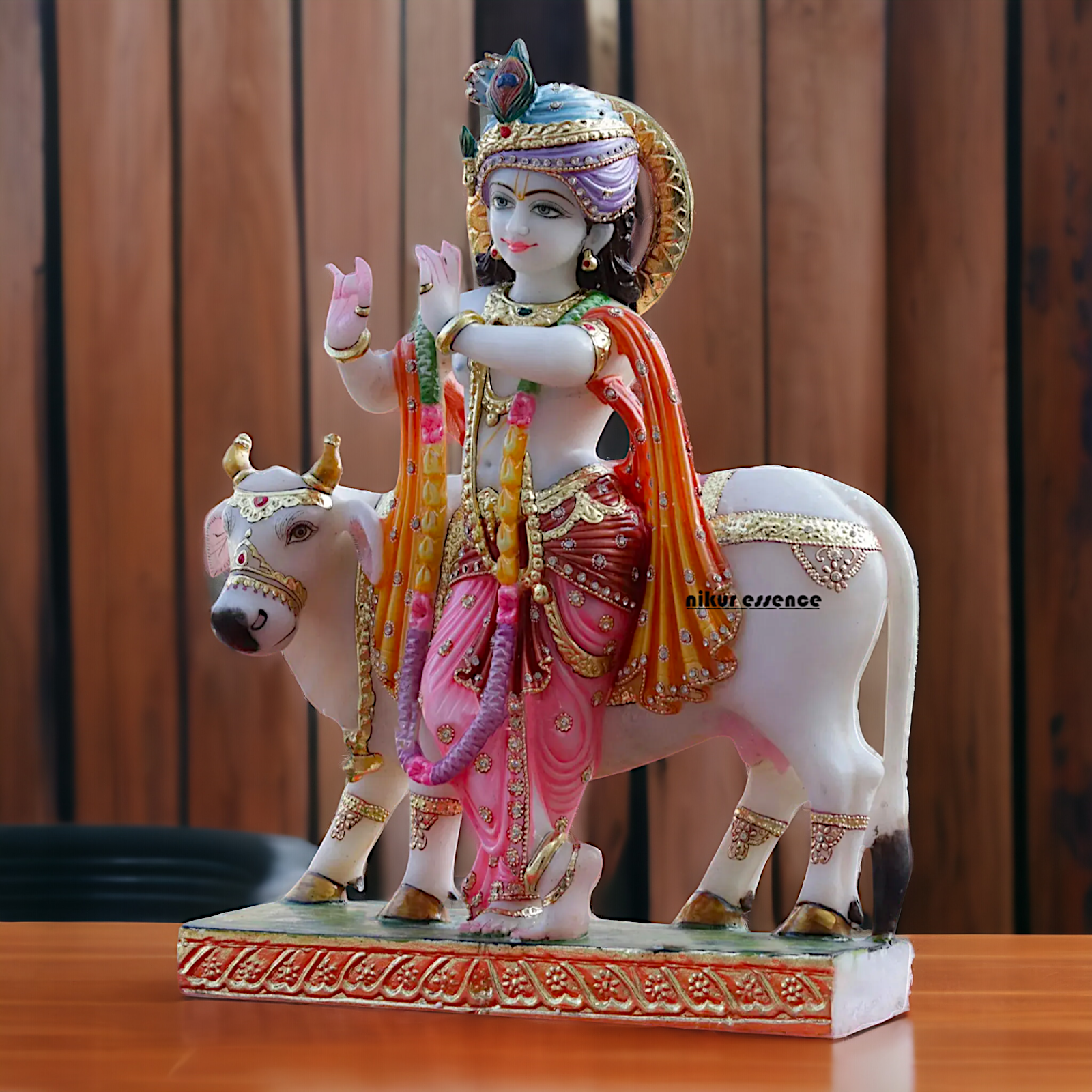 krishna Standing Playing Flute with cow Marble idol - 24 inches