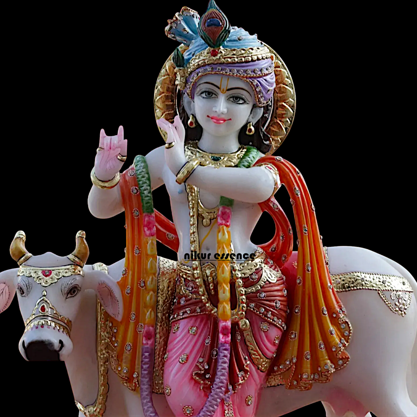 krishna Standing Playing Flute with cow Marble idol - 24 inches