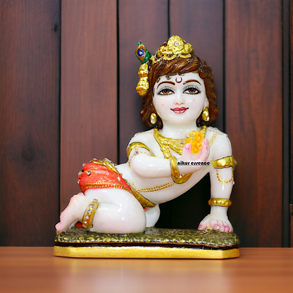 Bal Krishna laddoo Gopal with Laddoo eat Marble idol - 8 inches