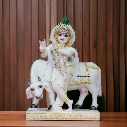 Marble Krishna with Cow statue - 8 inches