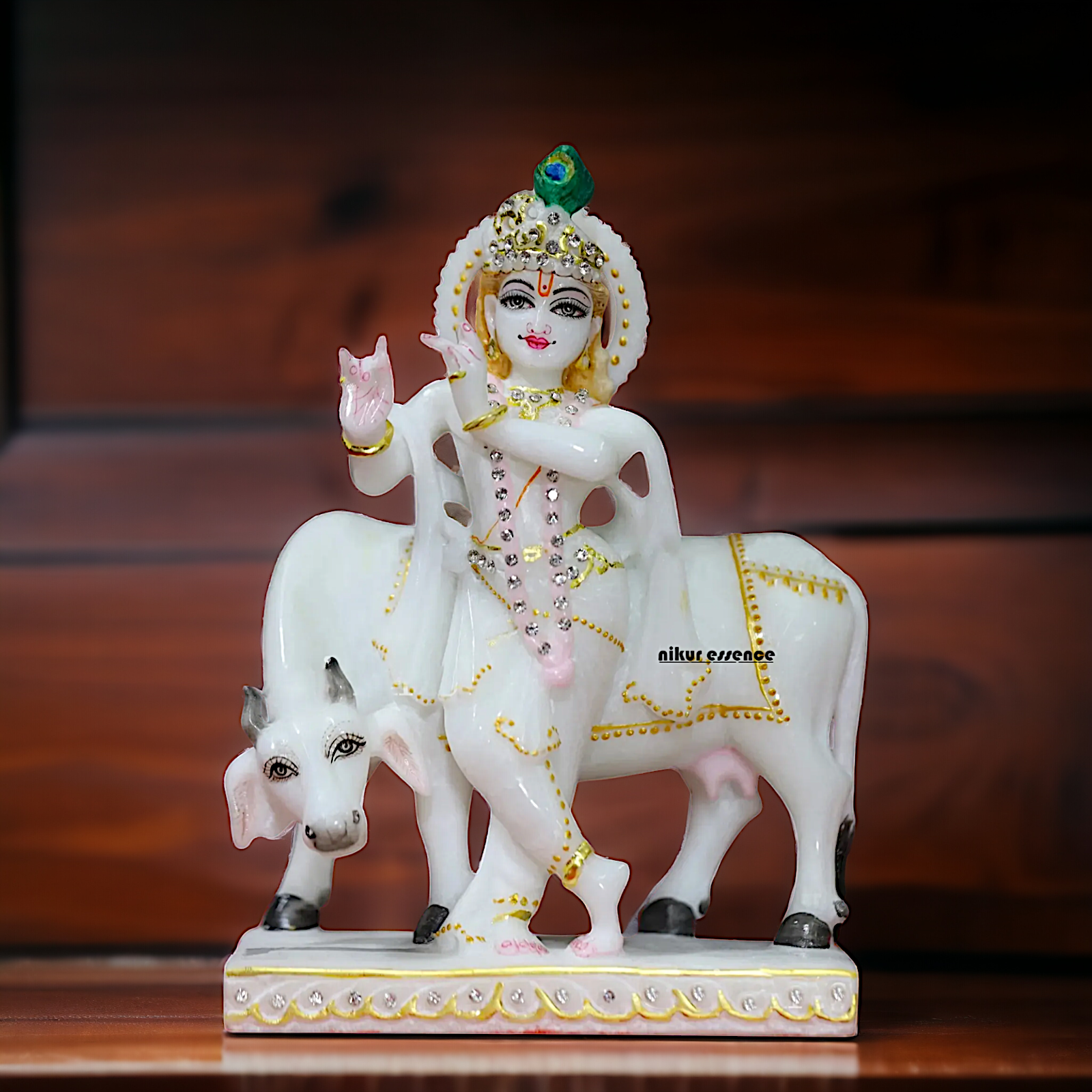 Marble Krishna with Cow statue - 8 inches