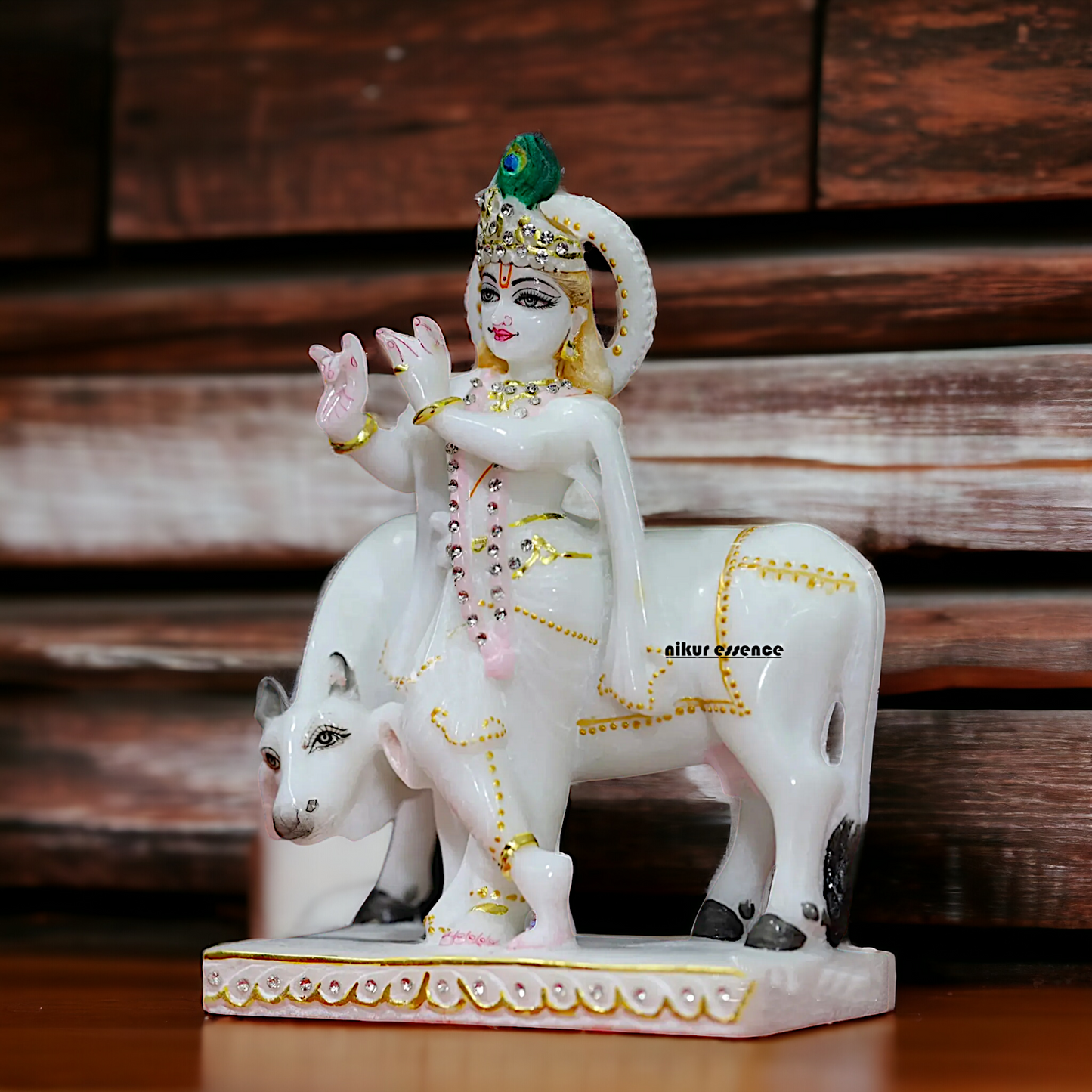 Marble Krishna with Cow statue - 8 inches