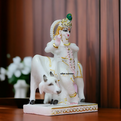 Marble Krishna with Cow statue - 8 inches