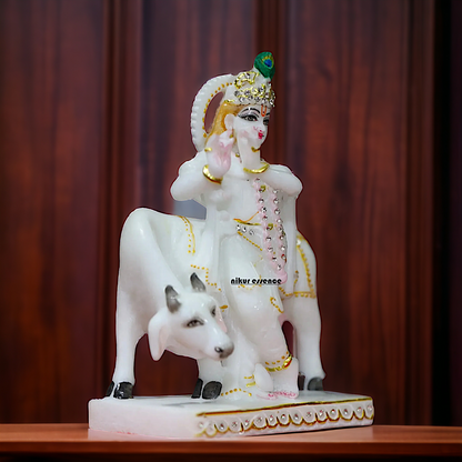 Marble Krishna with Cow statue - 8 inches