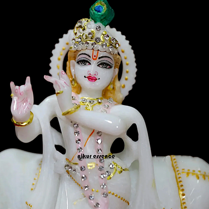 Marble Krishna with Cow statue - 8 inches