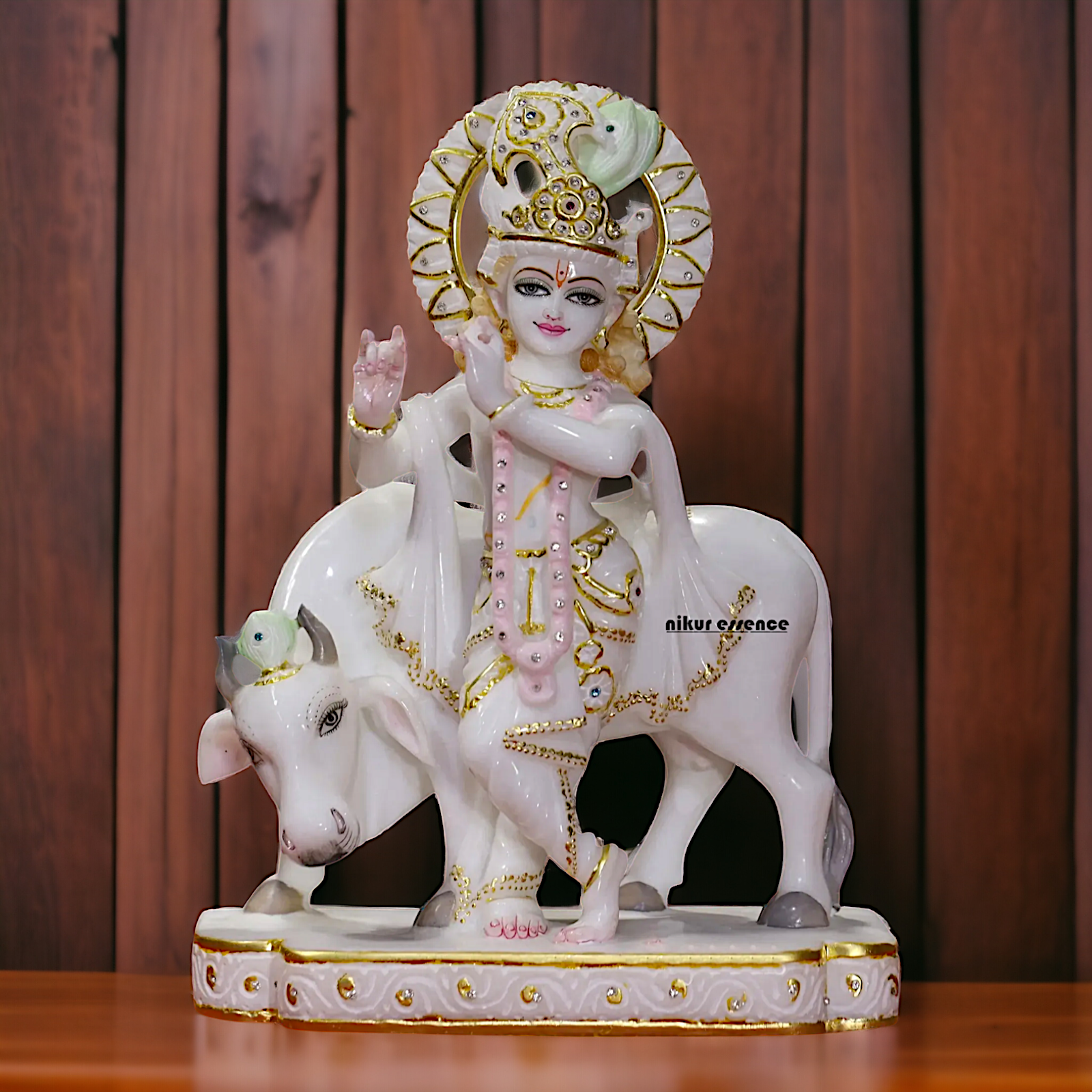 Krishna Bhagwan standing with Cow marble idol - 15 inches