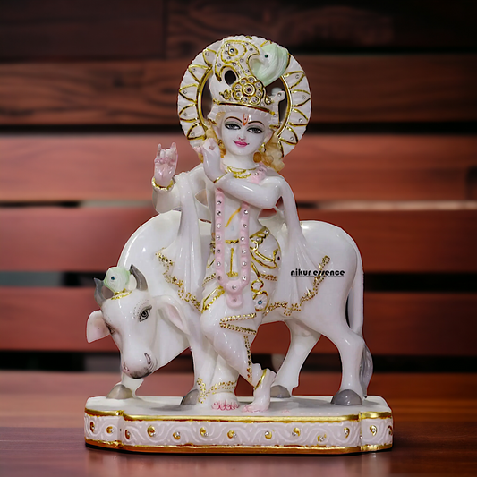 Krishna Bhagwan standing with Cow marble idol - 15 inches