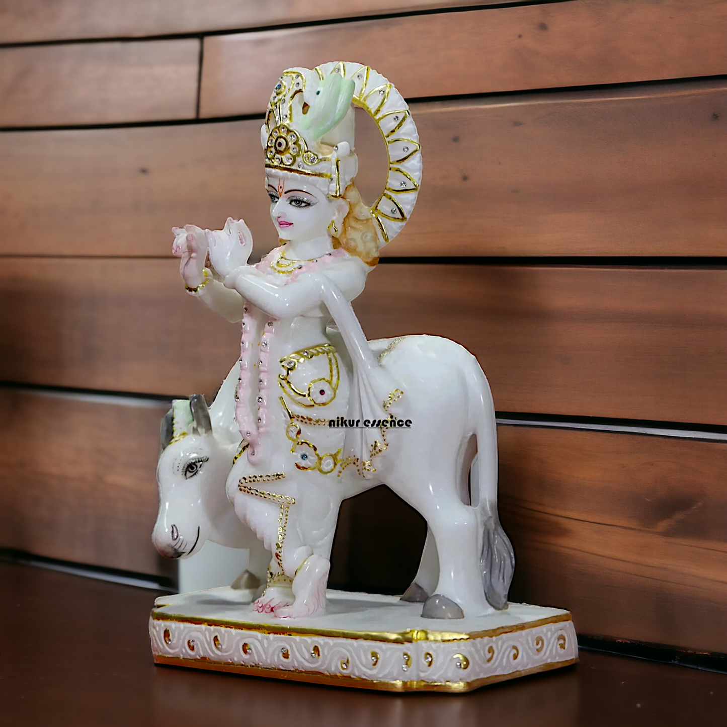 Krishna Bhagwan standing with Cow marble idol - 15 inches