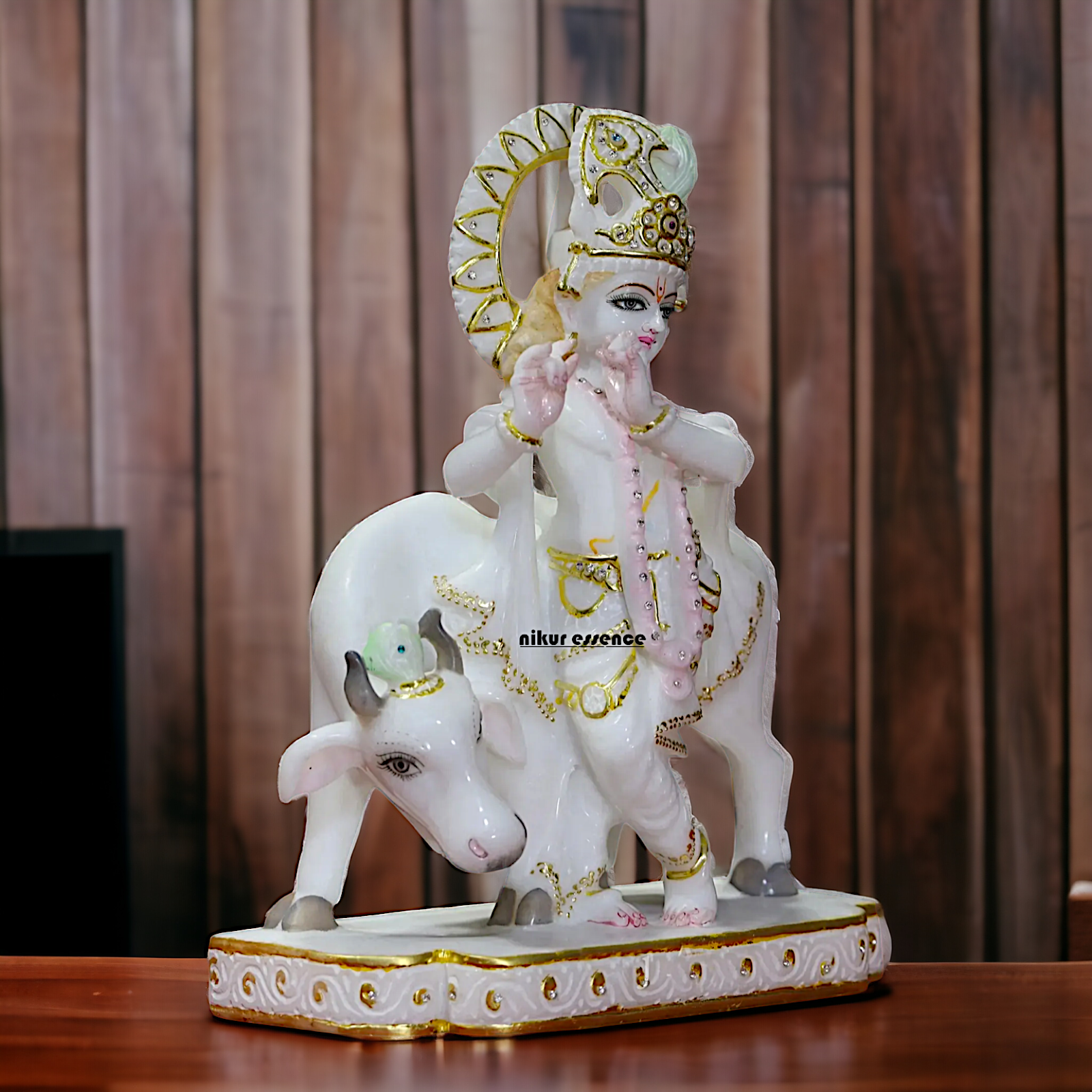 Krishna Bhagwan standing with Cow marble idol - 15 inches