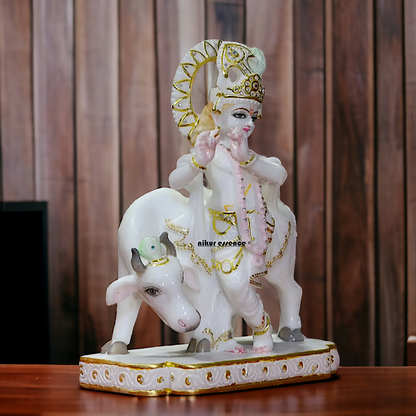 Krishna Bhagwan standing with Cow marble idol - 15 inches