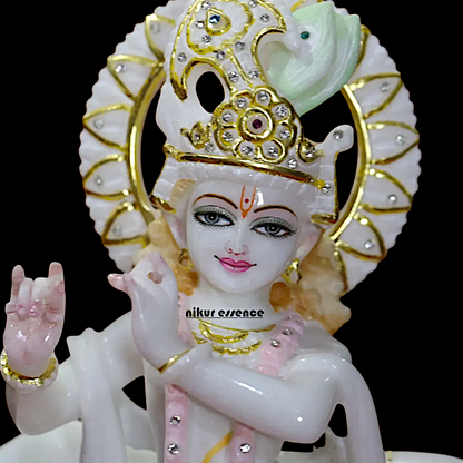 Krishna Bhagwan standing with Cow marble idol - 15 inches