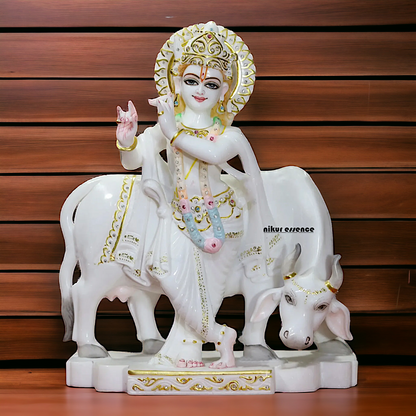 Marble Krishna Standing with Cow idol - 18 inches