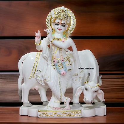 Marble Krishna Standing with Cow idol - 18 inches